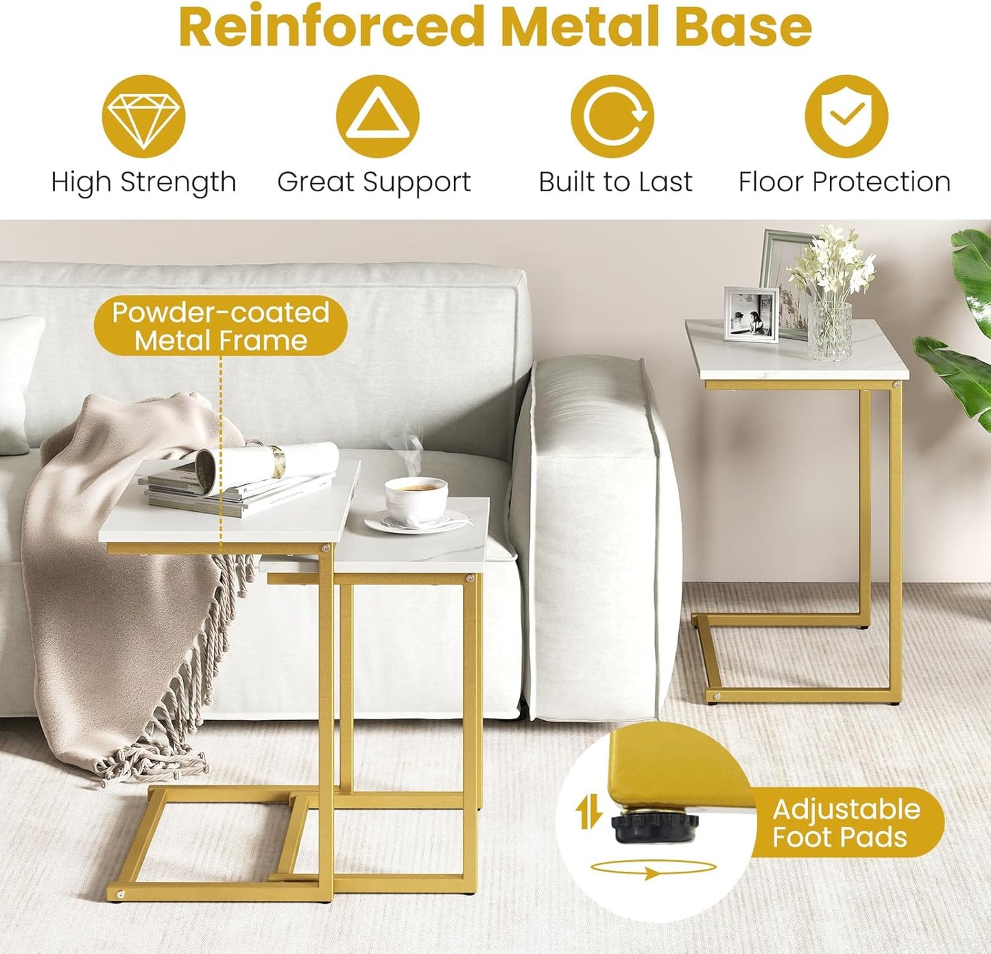 Nesting Coffee Tables Set of 3, Rectangular Nesting Center Table with Faux Marble Top & Metal Frame, Modern C-Shaped Nested Side Table Set for Living Room, Bedroom, Gold & White