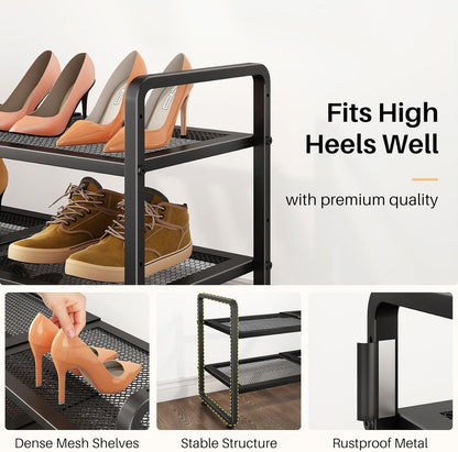 Shoe Rack - Expandable Shoe Organizer for Closet, Adjustable Metal Shoe Shelf Storage, Stackable Long Shoe Stand Holder for Garage, Entryway, Door Entrance (Black, 2-Tier)