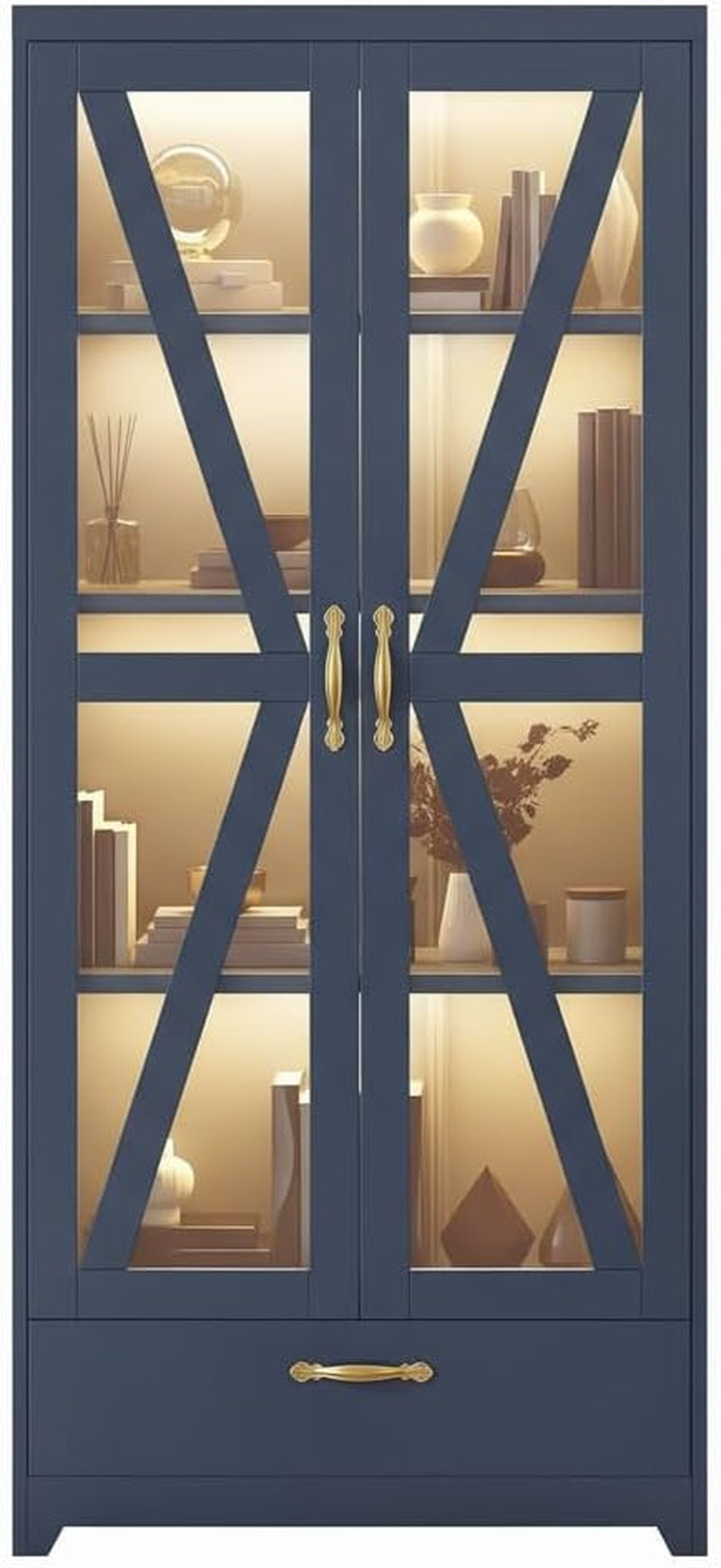 Display Cabinet with LED Lights, 61" Metal Display Case with Glass Barn Doors for Collectibles, Organizer Cabinet with 3 Adjustable Shelves and Drawer for Living Bedroom, Office, Navy Blue
