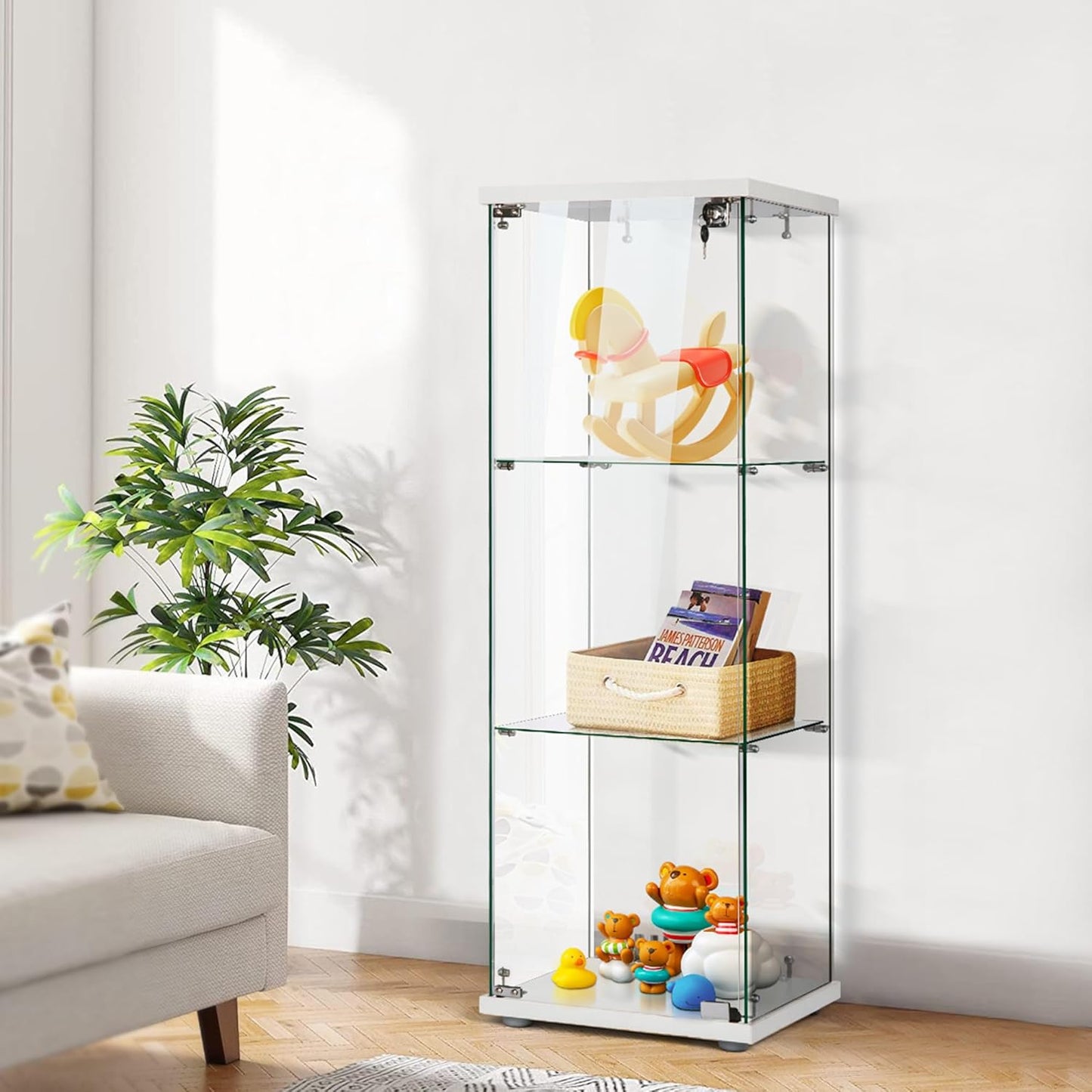 3 Layers 15.7''W X 15.7''D X 47.2''H Glass Display Cabinet Countertop Showcase with Lock, 5Mm Tempered Glass 25Mm MDF Base