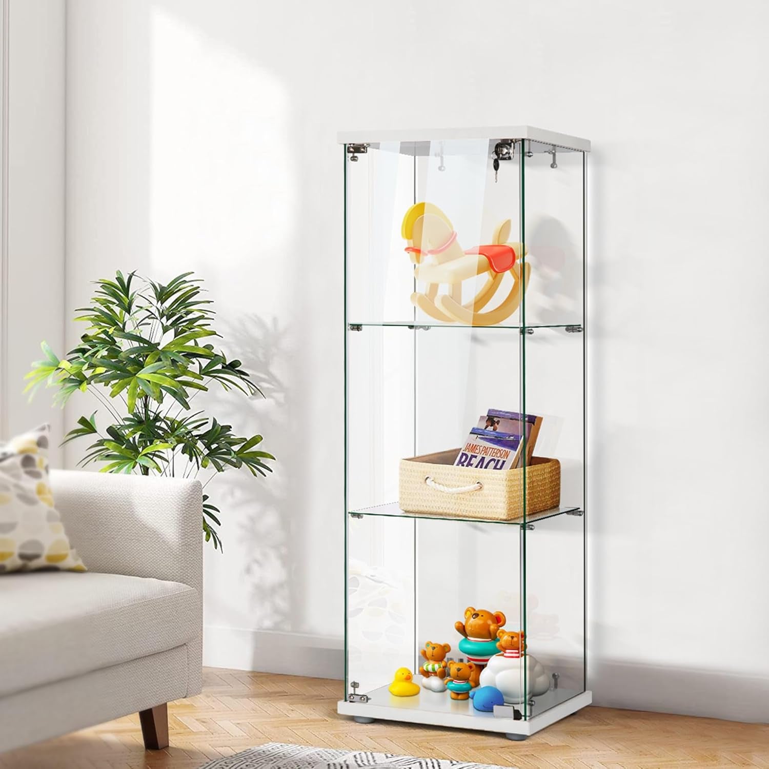 3 Layers 15.7''W X 15.7''D X 47.2''H Glass Display Cabinet Countertop Showcase with Lock, 5Mm Tempered Glass 25Mm MDF Base