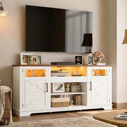 65.8" Farmhouse TV Stand for 60/65/70 Inch Tvs, Tall Entertainment Center with LED Lights & Power Outlet, Media Console with Storage Cabinets & Adjustable Shelves for Living Room, White