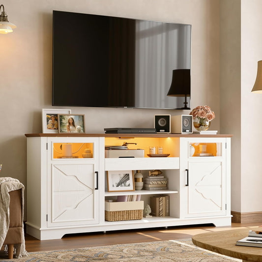 65.8" Farmhouse TV Stand for 60/65/70 Inch Tvs, Tall Entertainment Center with LED Lights & Power Outlet, Media Console with Storage Cabinets & Adjustable Shelves for Living Room, White