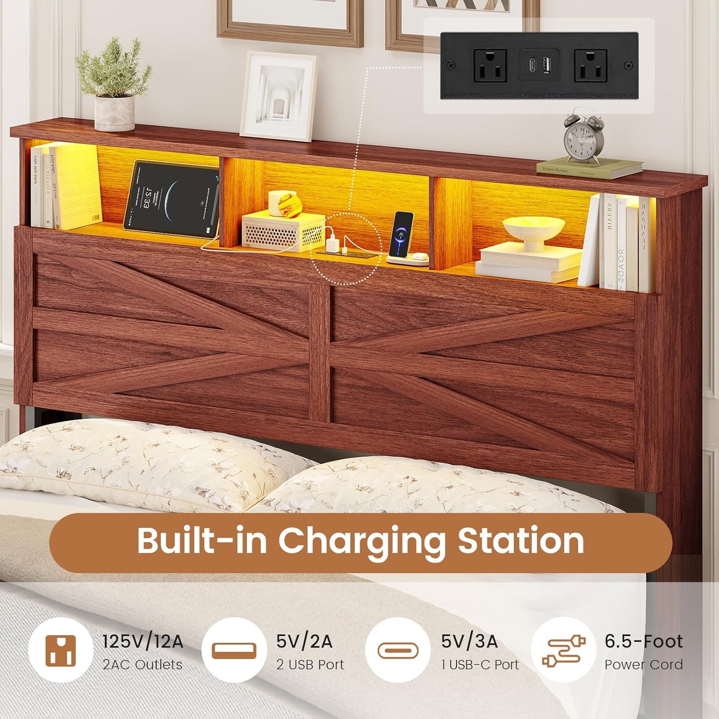 Queen Bed Frame with 6 Drawers, Farmhouse Bed Frame with Barn Door Headboard and Storage, Wood Platform Bed Frame Queen Size with Charging Station and LED Lights, No Box Spring Needed, Brown