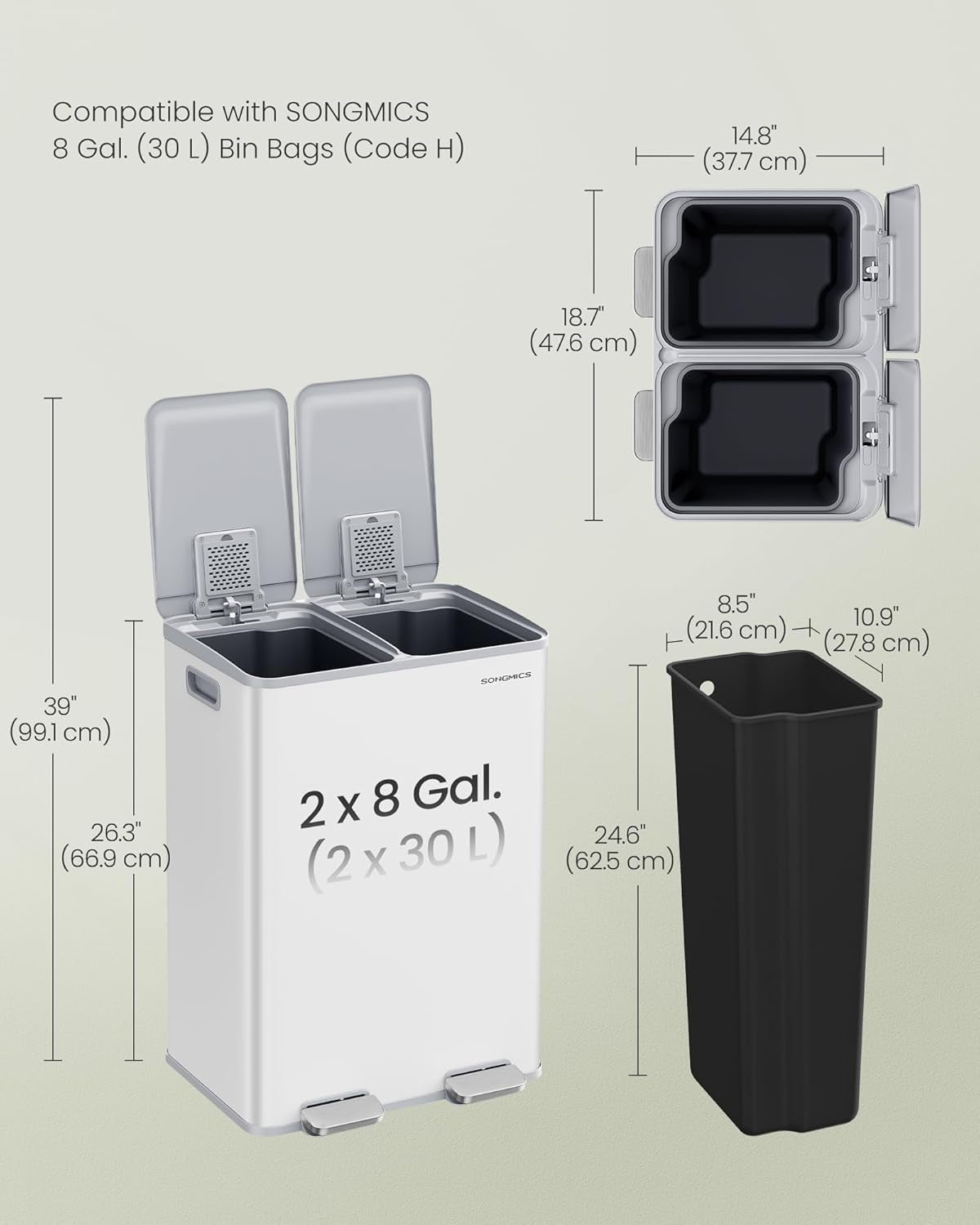 Trash Can, 2 X 8 Gallon (2 X 30 L) Dual-Compartment Garbage Can with Soft-Close Lid, Pedal and Inner Buckets, Stainless Steel, Includes 15 Liner Bags, Matte White ULTB741W01