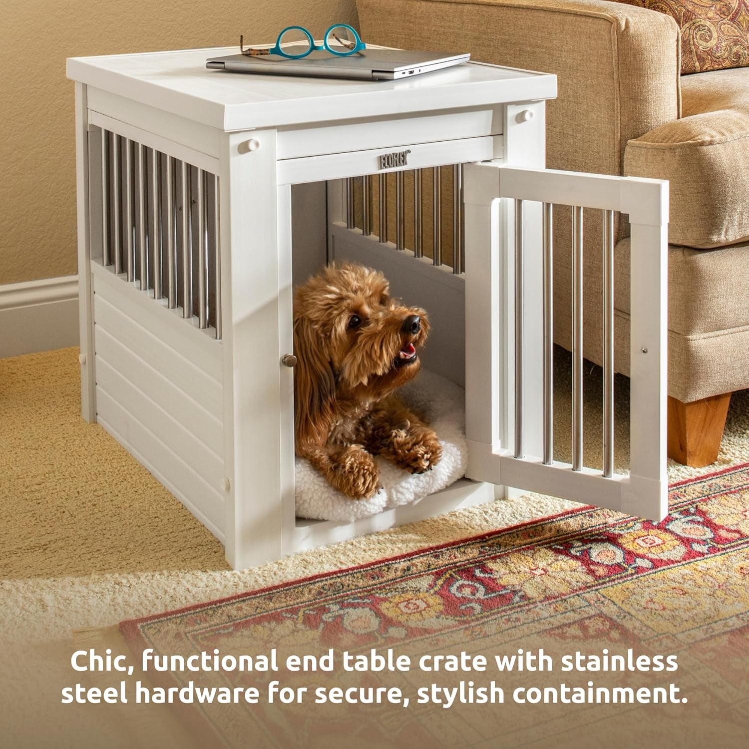 ECOFLEX Dog Crate Furniture End Table, Durable Wood-Plastic Composite, Stainless Steel Latch, Easy Assembly, Ideal for Dogs up to 20Lbs, Antique White Small