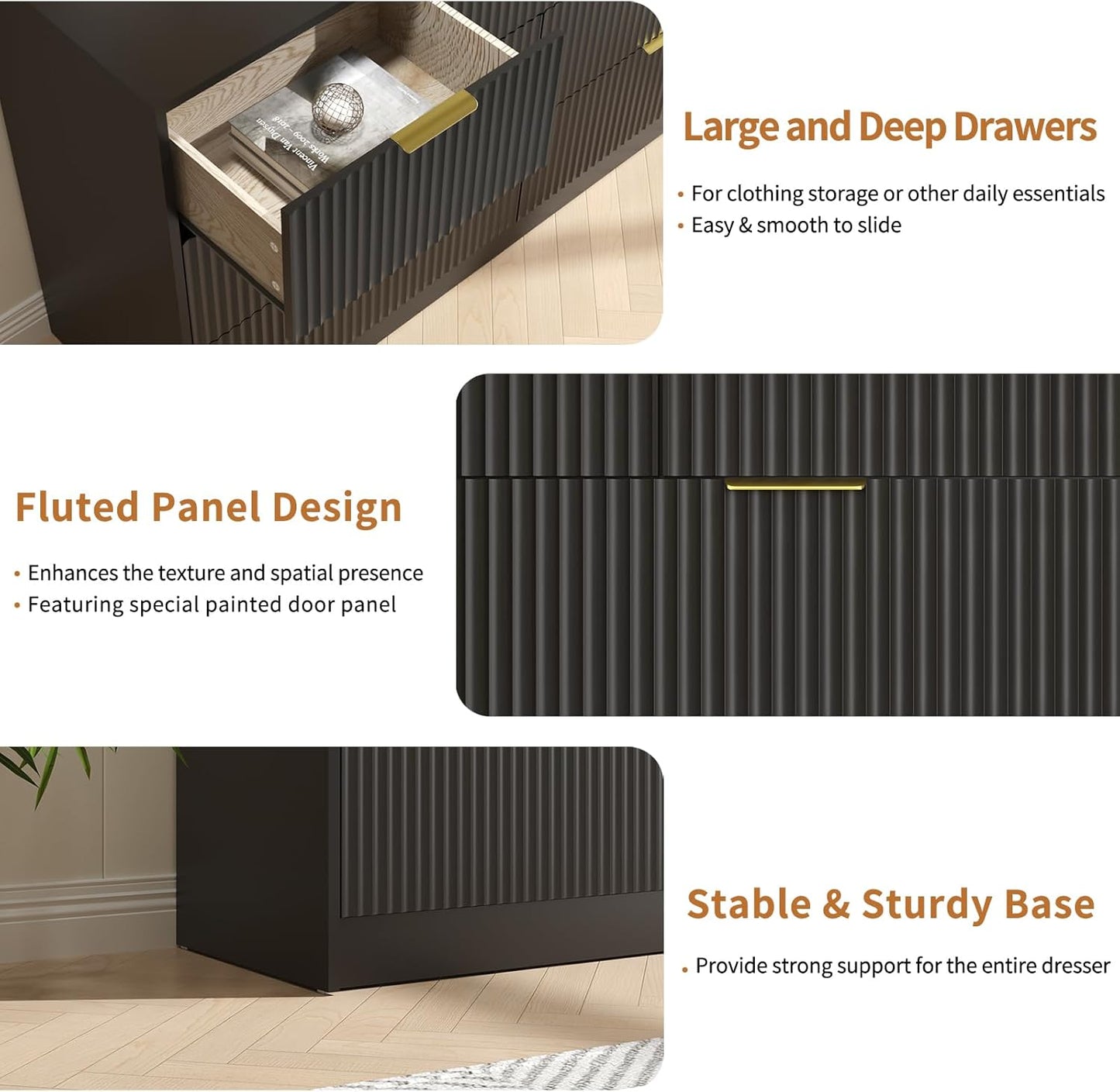 Black Dresser and Nightstand Sets, 7 Drawer Dresser Set for Bedroom 3 Piece, 55” Wide Fluted Wood Dressers W/Metal Handle & Night Stand Set of 2, Modern Bedroom Furniture Sets, Black