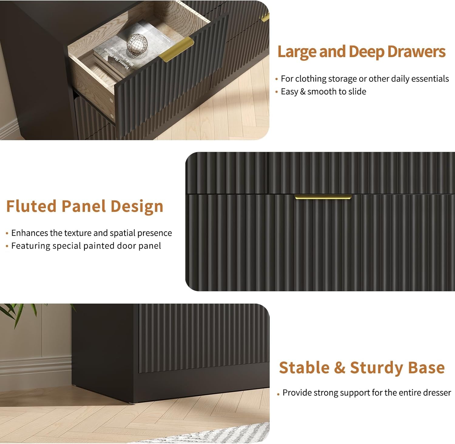 Black Dresser and Nightstand Sets, 7 Drawer Dresser Set for Bedroom 3 Piece, 55” Wide Fluted Wood Dressers W/Metal Handle & Night Stand Set of 2, Modern Bedroom Furniture Sets, Black