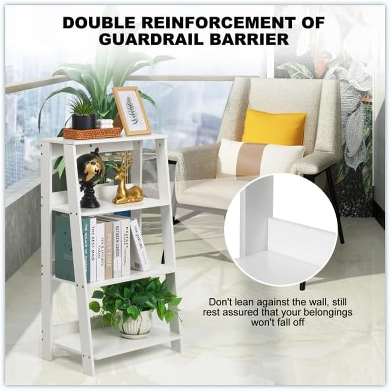 4-Tier Ladder Bookshelf, White Wood Display Storage Rack, Modern A-Frame Bookcase for Living Room Bedroom Office, 33.4H X 19.6W X 11.8D Inches