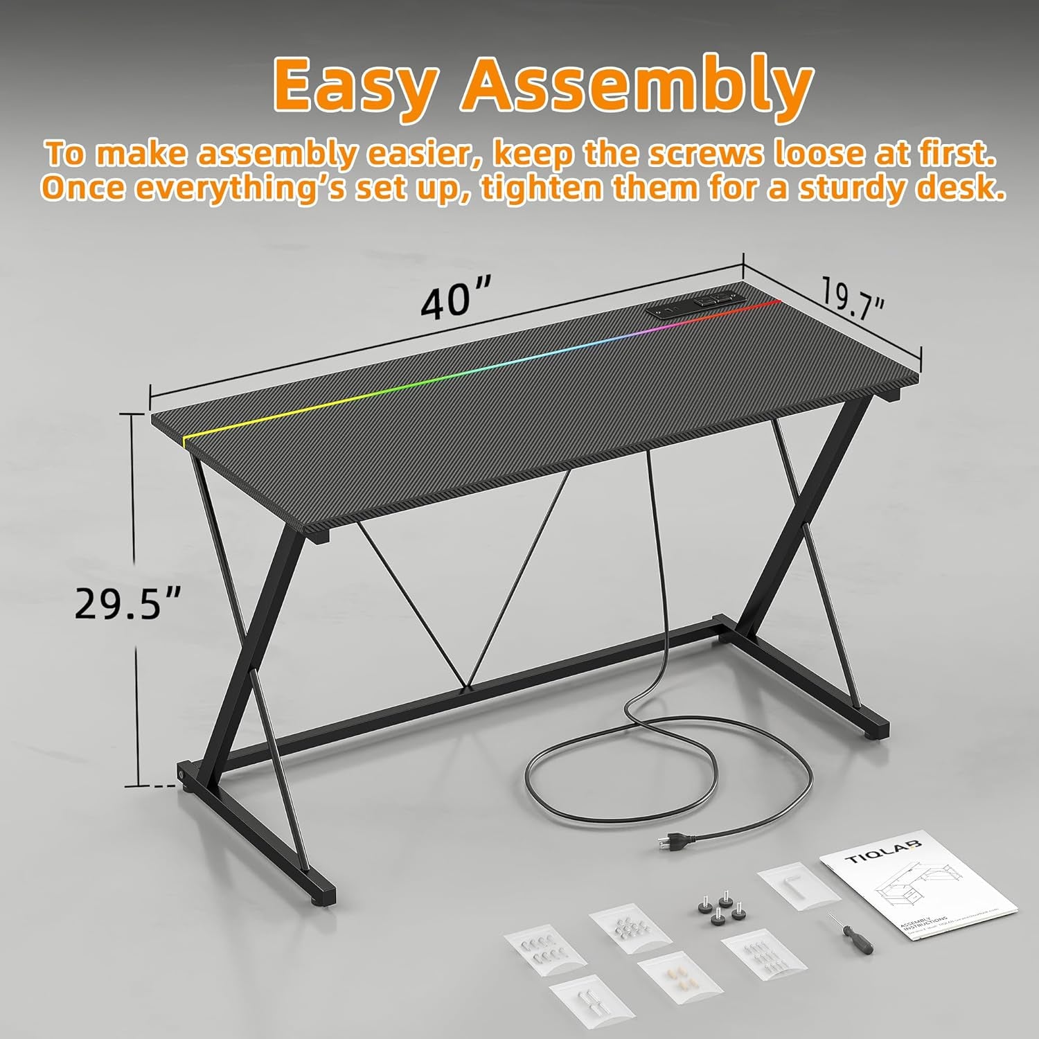 Gaming Desk with Power Outlets & LED 40 Inch Ergonomic Computer Carbon Fiber Surface Gamer Desk, PC Workstation with Headphone Hook for Bedroom, Kids Desk Gift for Boys, Black