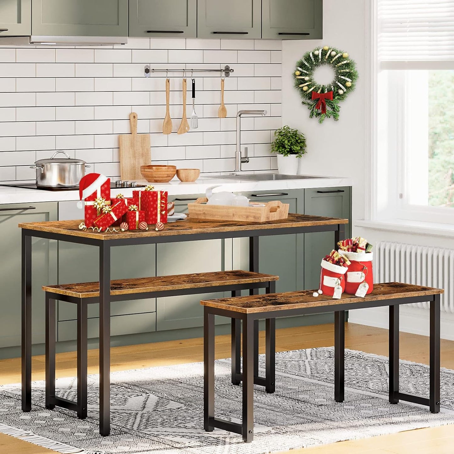 Dining Benches, Pair of 2 Industrial Style Indoor Benches, Durable Metal Frame, for Kitchen, Dining Room, Living Room, Rustic Brown BF01CD01