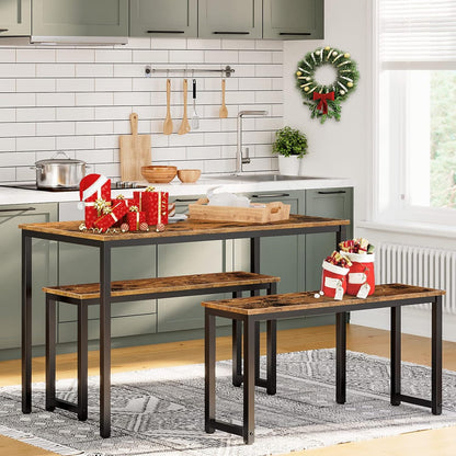 Dining Benches, Pair of 2 Industrial Style Indoor Benches, Durable Metal Frame, for Kitchen, Dining Room, Living Room, Rustic Brown BF01CD01