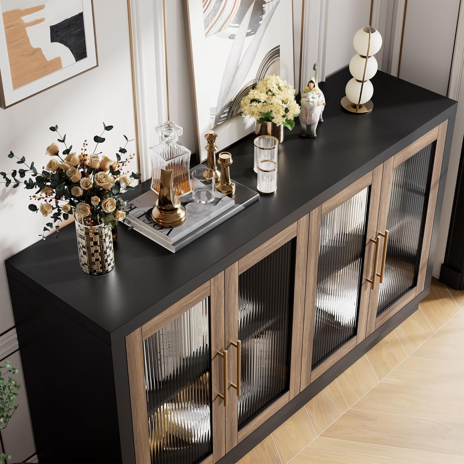 Buffet Cabinet with Storage, 55.1" Large Sideboard Buffet Table, Modern Sideboard Kitchen Cabinet with 4 Fluted Glass Doors, Wood Coffee Ba for Kitchen Dining Room, Black/Brown