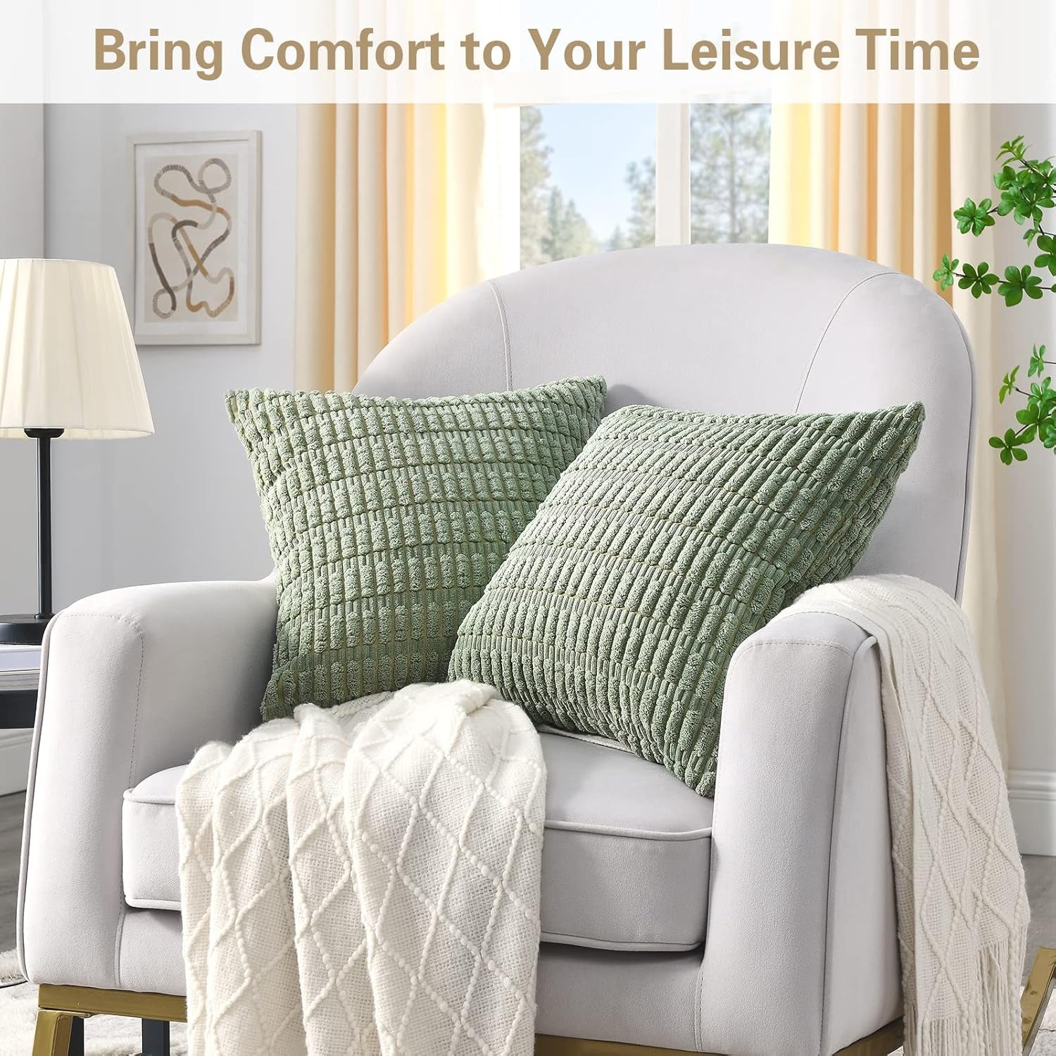 Pack of 2 Sage Green Decorative Throw Pillow Covers 18X18 Inch, Soft Corduroy Striped Square Cushion Cases, Modern Farmhouse Boho Home Decor for Spring Couch Bed Sofa Living Room