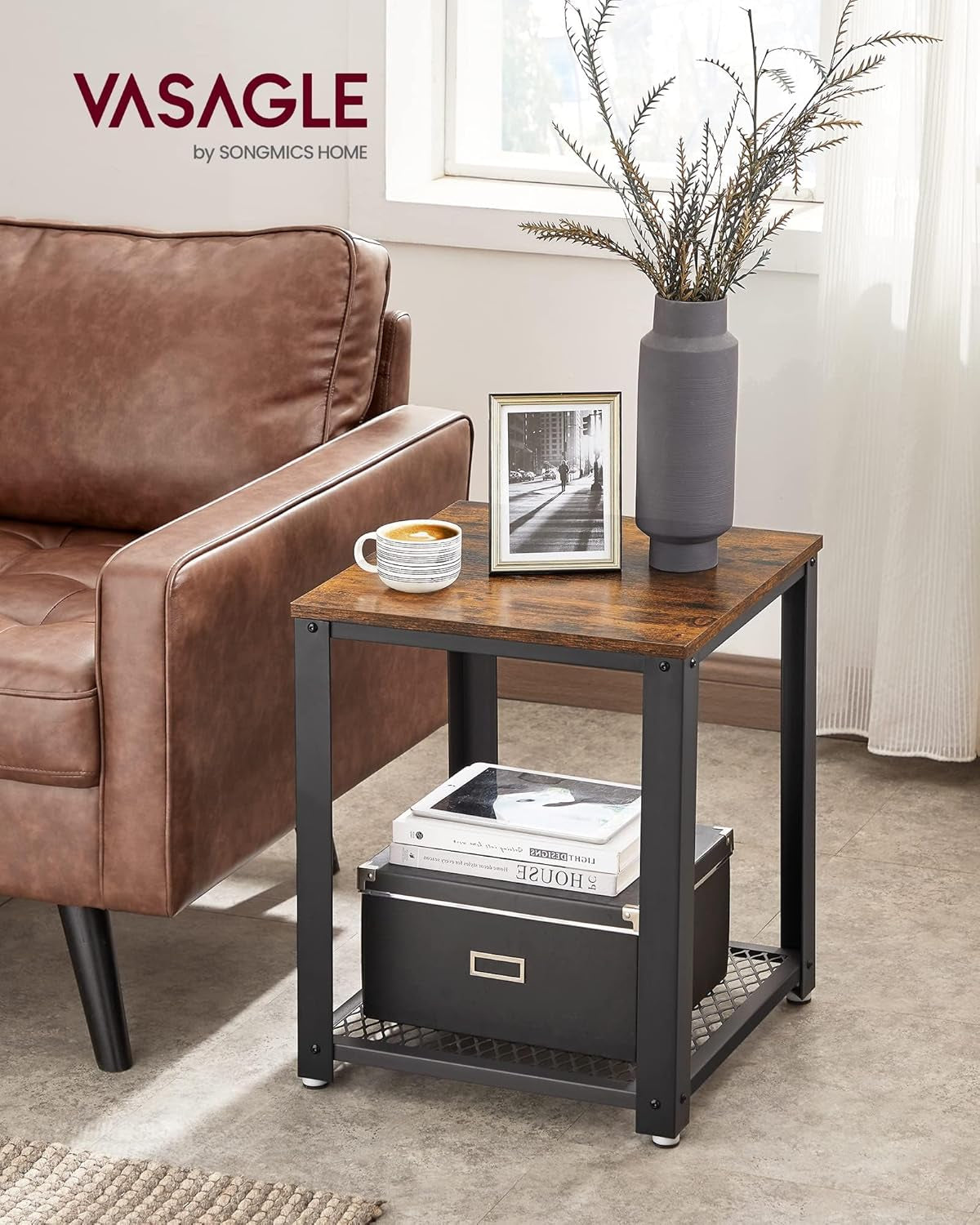 Side Table, 2-Tier Nightstand, End Table with Mesh Shelf, Steel Frame, Adjustable Feet, for Living Room, Bedroom, Industrial Style, Rustic Brown and Black ULET41X, 17.7 X 17.7 X 21.6 Inch