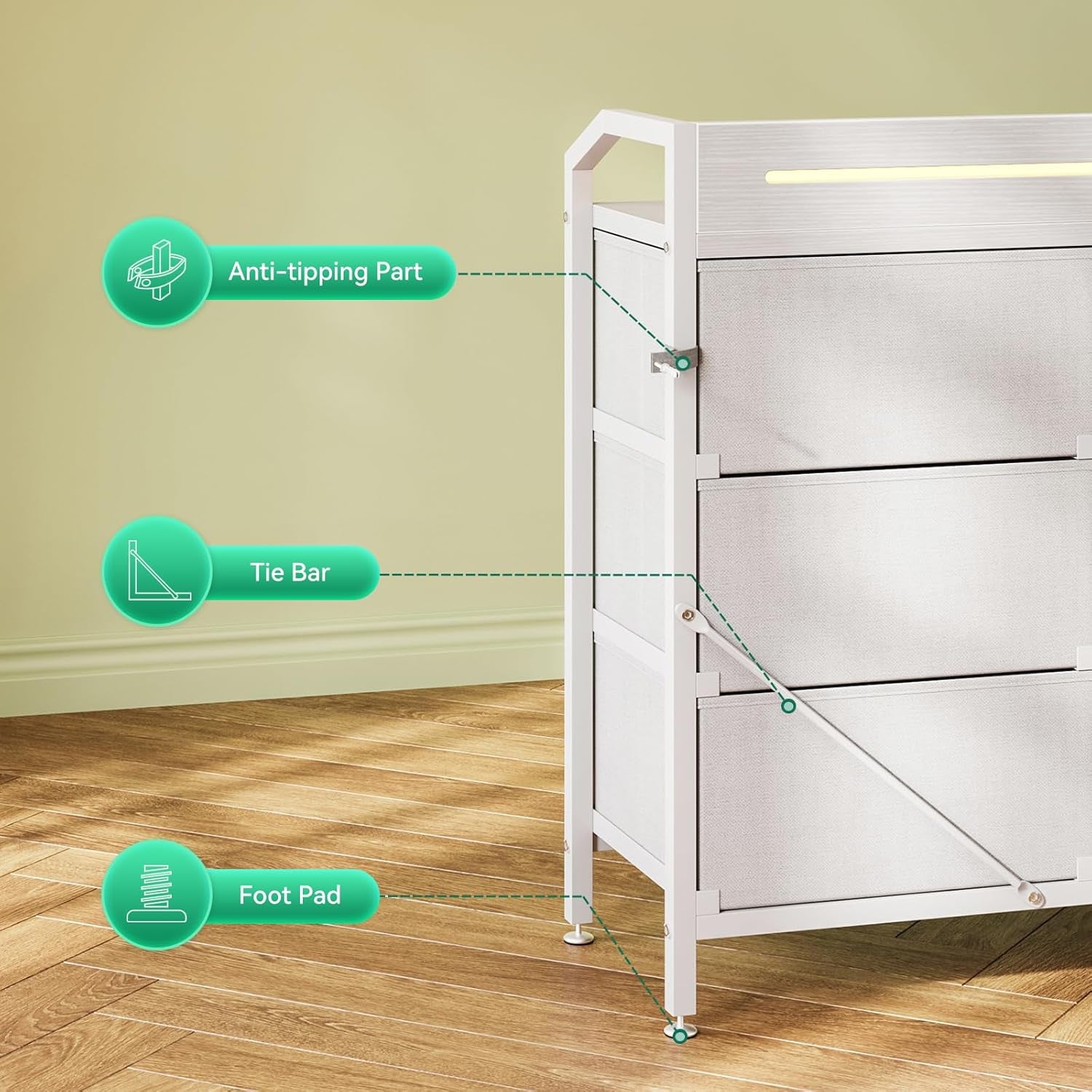 White Dresser for Bedroom with Light Strip & Power Outlet — 8 Drawers Dressers & Chest of Drawers with Shelf, Wood Top, Metal Frame, Wide Dressers for Girls Bedroom, Living Room, Hallway, Closet