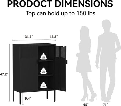 Black Metal Cabinet with Adjustable Shelves, 47”H Industrial Buffet Sideboard & Coffee Bar Station, Ventilated Steel Storage Cabinet with Magnetic Doors for Kitchen, Office, Living Room