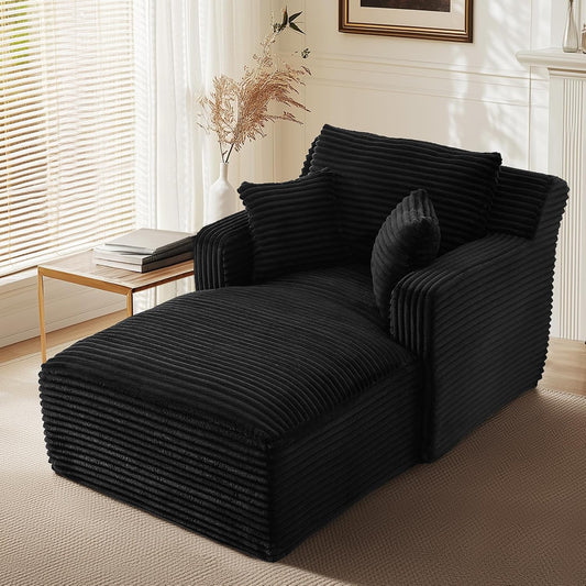 65.4" Chaise Lounge Chair Indoor, Oversized Boneless Couch Comfy Upholstered Sleeper Sofa Bed with 3 Pillows, Corduroy Cloud Reading Chair for Living Room No Assembly Required, Black
