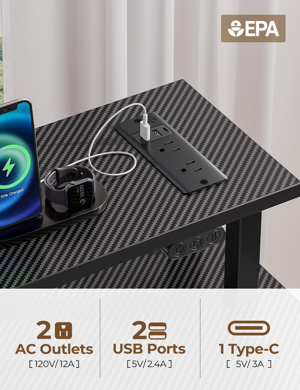 Computer Desk with Power Outlets & LED Light, 47 Inch Home Office Desk with 3 Drawers and Storage Shelves, Writing Desk with Monitor Stand, Modern Work Desk for Home Office, Carbon Black