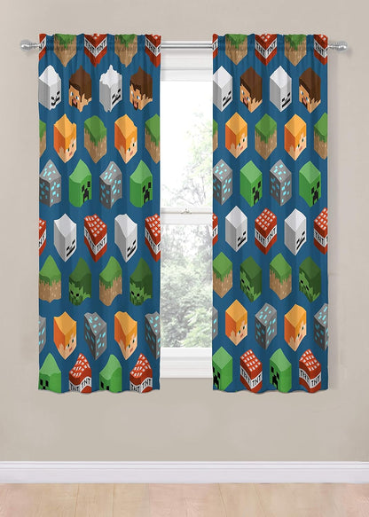 Minecraft Isometric Blue 63 in Drapes 4 Piece Set - Beautiful Room Decor&Easy Set Up, Bedding Features Creeper - Window Curtains Include 2 Panels&2 Tiebacks (Official Minecraft Product)