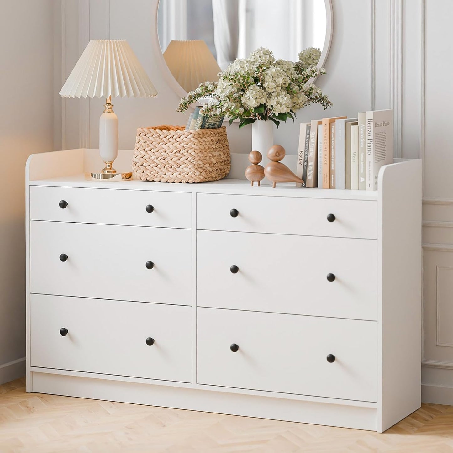 Baby Dresser with 6 Drawers and Large Table Top, Multi-Functional Chest of Drawer, Drawer Dresser with Three-Sided High Rails for Nursery, Children'S Room, Bedroom, White