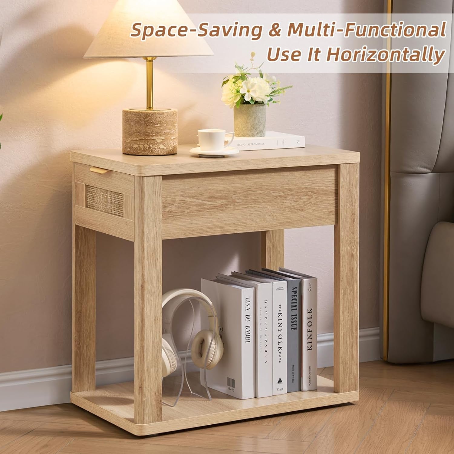 Narrow Side Table with Charging Station, 24X14''Rattan Night Stand with Drawer Storage, Natural Wood Bedside End Table for Small Spaces, Boho Nightstand for Living Room Bedroom