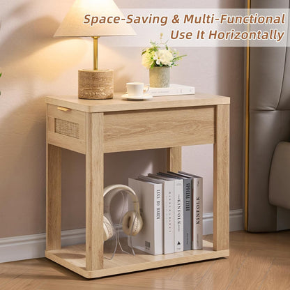 Narrow Side Table with Charging Station, 24X14''Rattan Night Stand with Drawer Storage, Brown Bedside End Table with Metel Handle for Small Spaces Wood Boho Nightstand for Living Room Bedroom