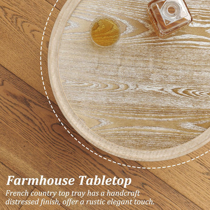 round End Table, Rustic Farmhouse Side Table with Storage Shelf, 2-Tier French Country Nightstand for Living Room Bedroom Small Space, Natural Tray Top and Vintage White Spindle Legs