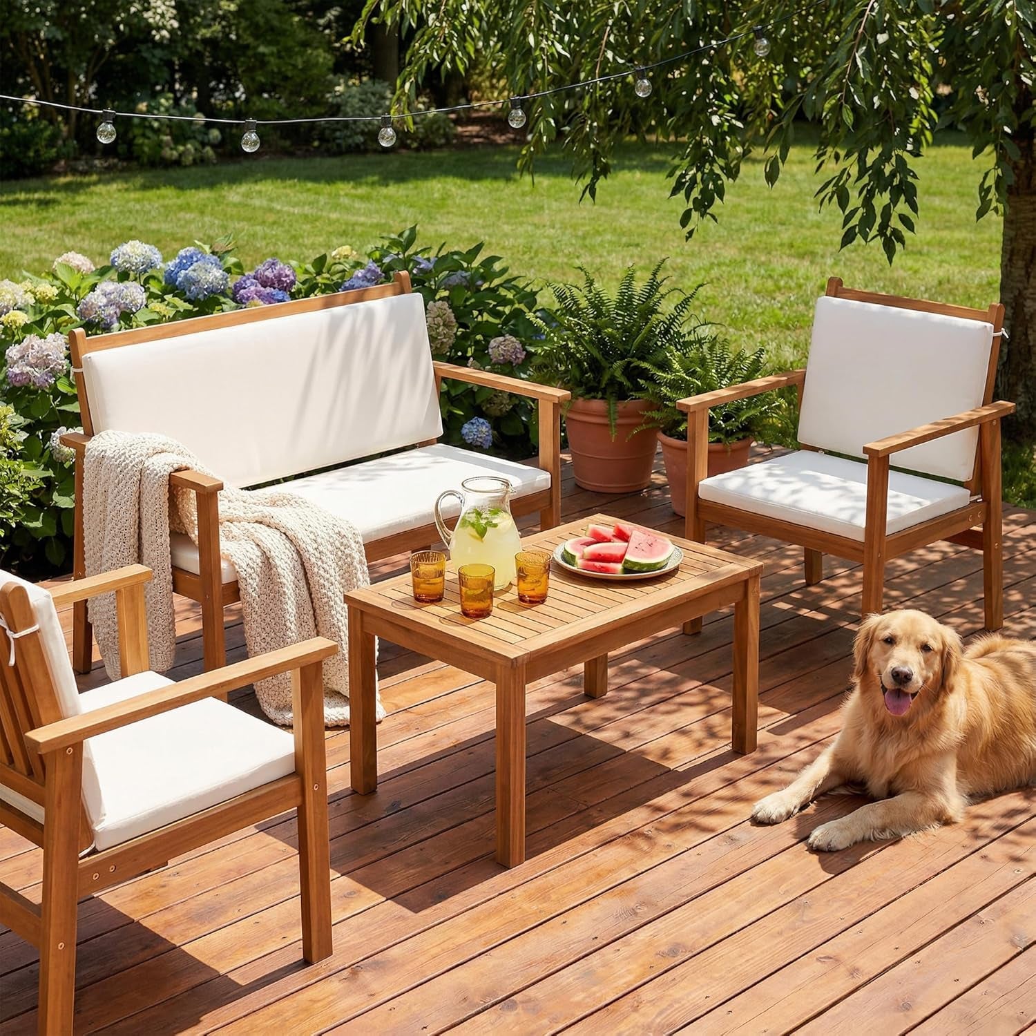 Patio Furniture 4 Piece Acacia Wood Outdoor Conversation Sofa Set with Table & Cushions Porch Chairs for Garden, Deck, Backyard, Natural