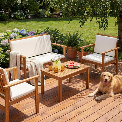 Patio Furniture 4 Piece Acacia Wood Outdoor Conversation Sofa Set with Table & Cushions Porch Chairs for Garden, Deck, Backyard, Natural