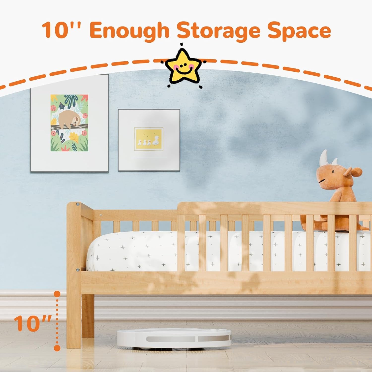Twin Size Kids Bed with Storage - Solid Wood House Headboard & Safety Guardrails, Space-Saving Bed Frame, No Box Spring, Natural Brown
