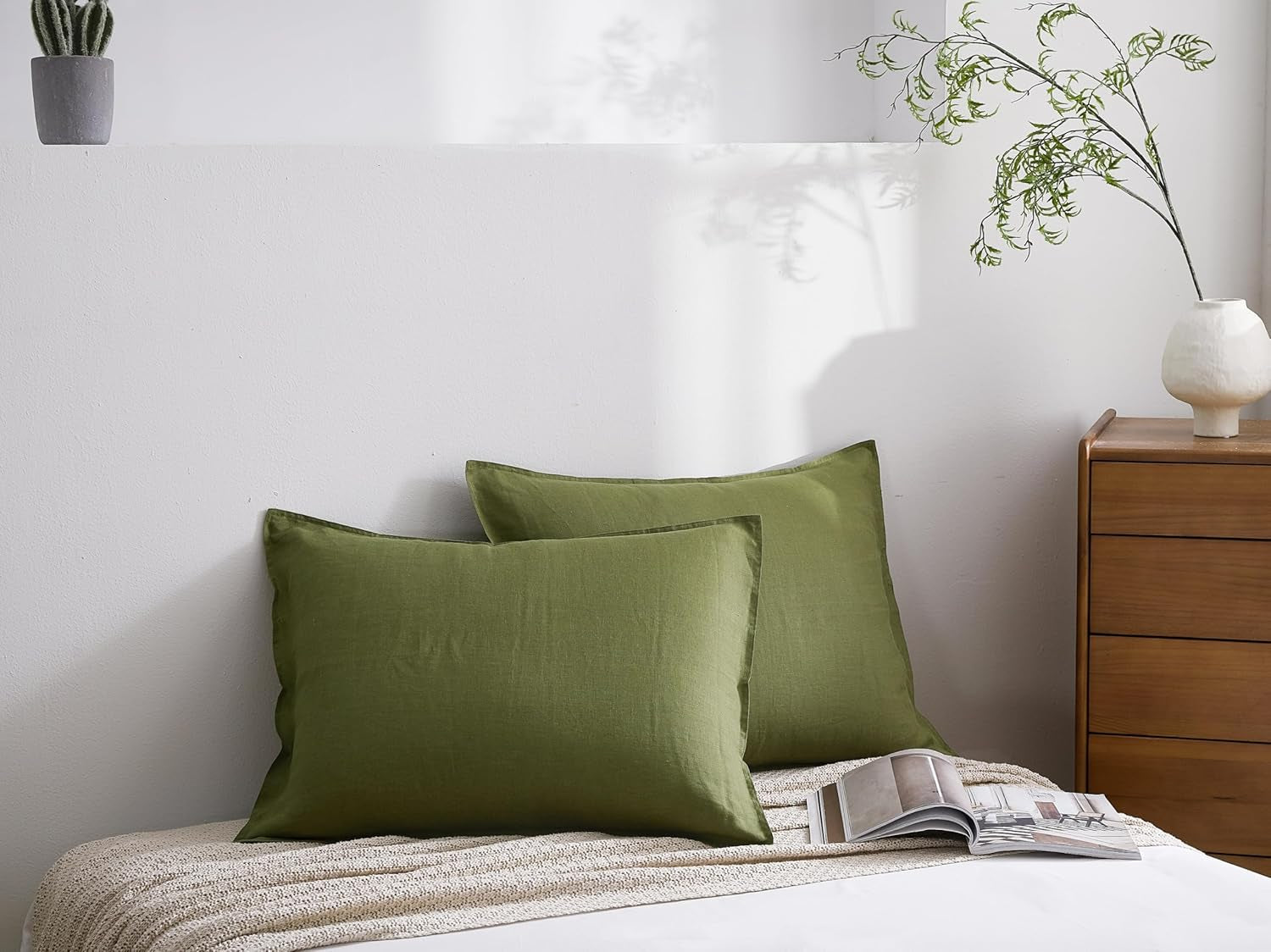 100% French Linen Pillowcases 20X36 Inches King Pillow Shams Pack of 2 with Envelope Closure, Stone Washed Soft Durable Breathable and Cooling Pillow Covers(Olive Green, King)