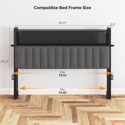 King Size Headboard Only, Adjustable Upholstered Headboard with 2 Tier Shelves and Pegboard with Charging Stations and LED Lights, Modern Bed Headboard with Storage for Bedroom Decor