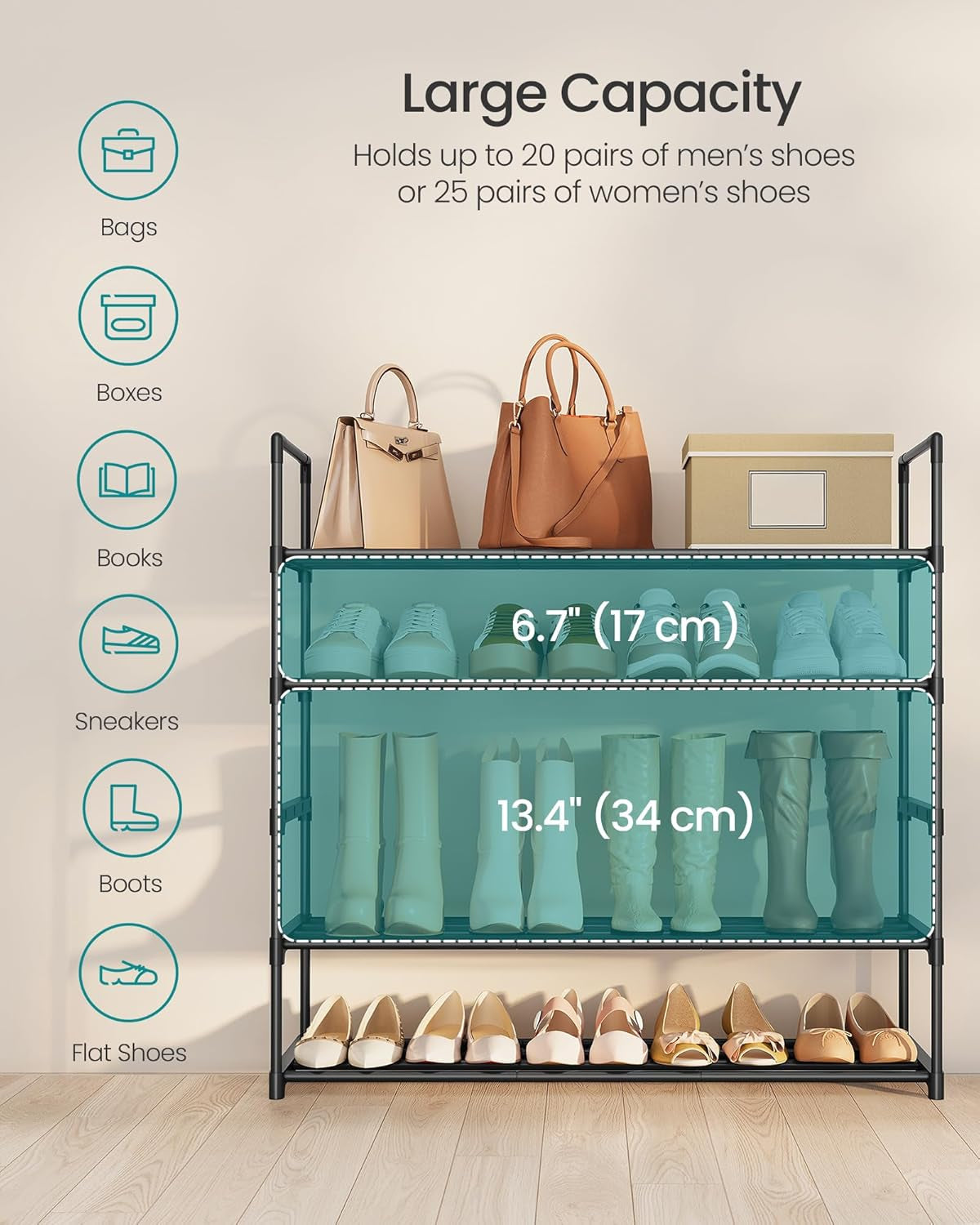 Shoe Rack, 5-Tier Shoe Organizer, Metal Storage Shelf, Upright or Upside Down, for 20-25 Pairs, Stackable, for Entryway, 11.8 X 36.2 X 35.4 Inches, Black ULSA305BH01