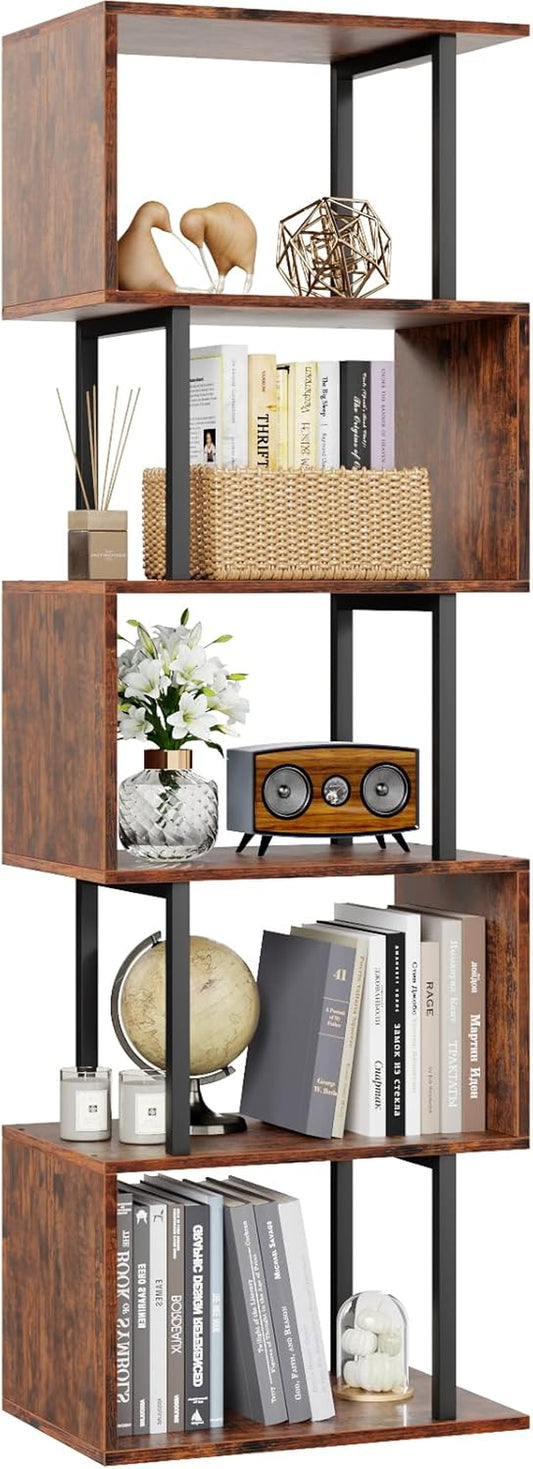 6 Tier Bookshelf, Tall S Shaped Geometric Bookcase, Modern Display Shelf Standing Unit, Wood Metal Decorative Divider Rack for Living Room Bedroom Office, Rustic Brown