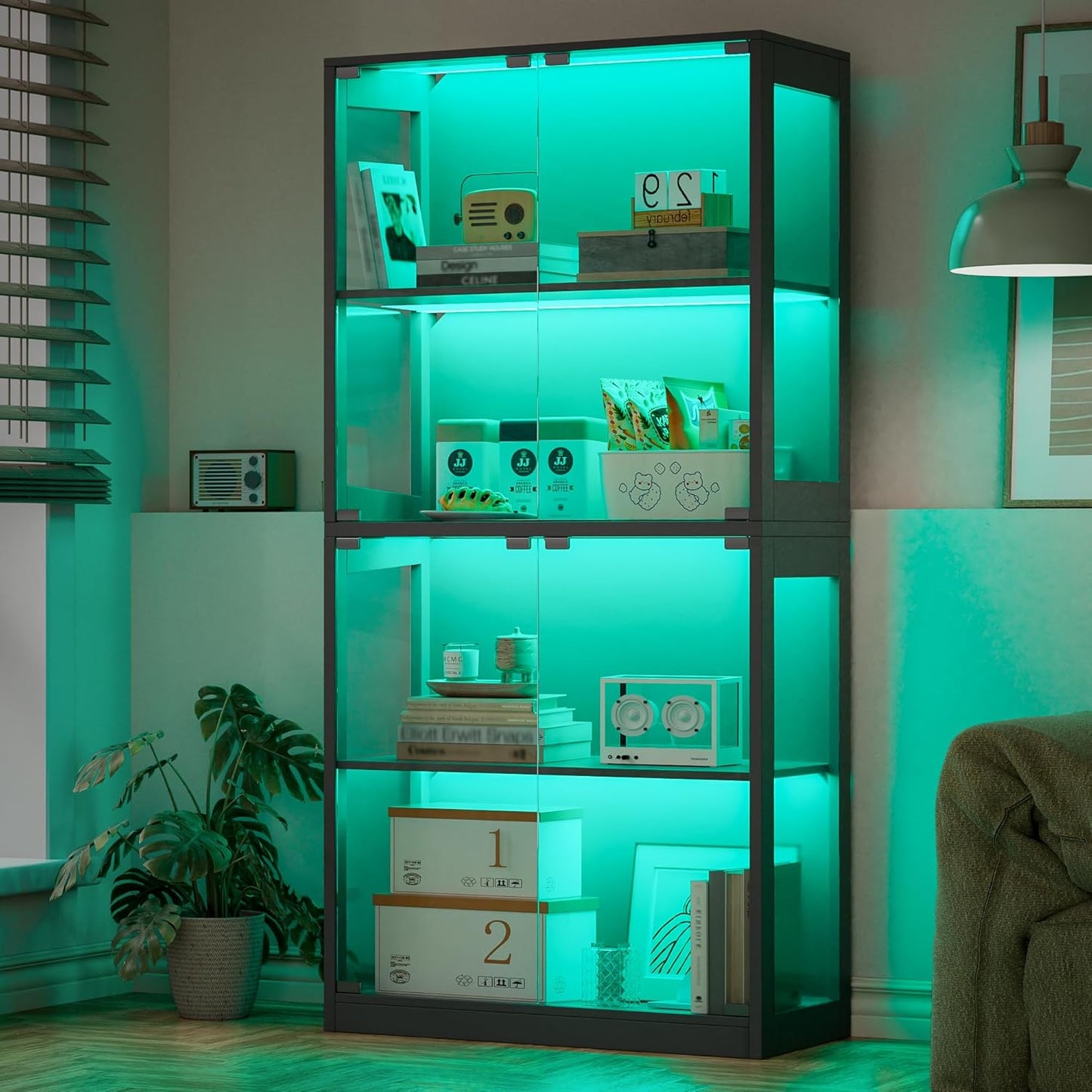 RGB Glass Display Cabinet, App & Remote Controlled Display Case with Music Sync, 4-Tier Tall Curio Cabinet for Collectibles Storage, Tall Bookcase with 4 Shelves (Black, 14"D X 32"W X 65"H)