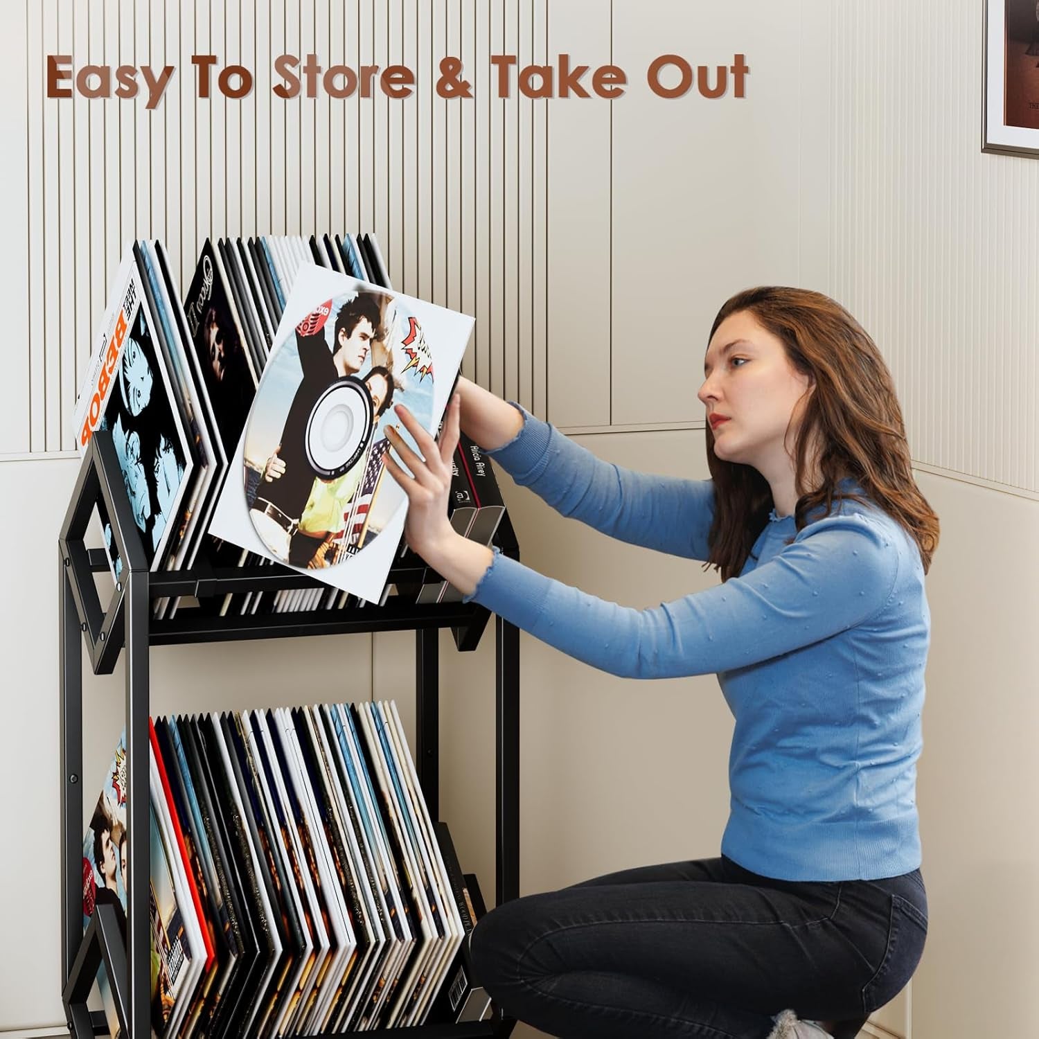 Vinyl Record Storage Rack, Record Holder 160-200 LP Storage Shelf Display Stand for Albums Books Magazines Files, Matte Black