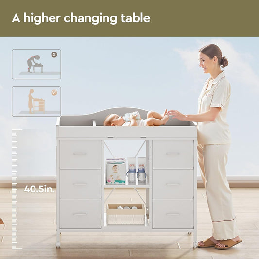 Changing Table, 6-Drawer Baby Dresser with Changing Table Top, Waterproof Diaper Changing Station & Pad, 2 Height-Adjustable Open Storage Shelves, Mobile Nursery Organizer, White