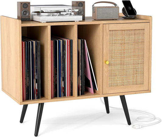 Mid Century Record Player Stand with Charging Station, Rattan Turntable Stand with Storage Cabinet & Adjustable Shelf, Boho Record Player Table, Vinyl Record Storage for Living Room, Bedroom