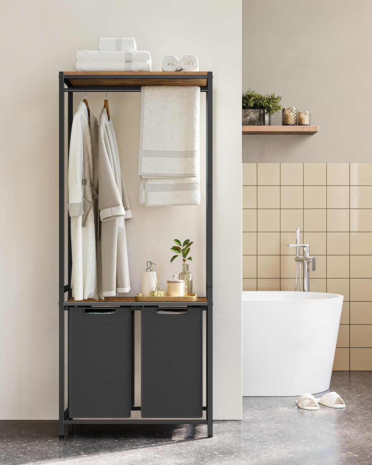 Laundry Basket, 2-Section Laundry Hamper with 2 Shelves, Pull-Out and Removable Liners, Clothes Rail, 2 X 12.1 Gallons, 28.7 X 13 X 69.7 Inches, Rustic Brown and Black UBLH231B02