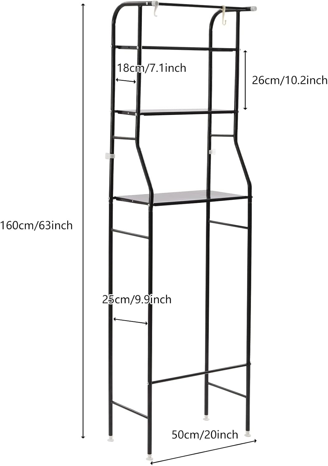 3-Tier Toilet Rack, Bathroom Storage Shelf with Adjustable Pads& Hooks Floor Standing Iron Toilet Stand Corner Space Saver for Balcony Bathroom Kitchen Black