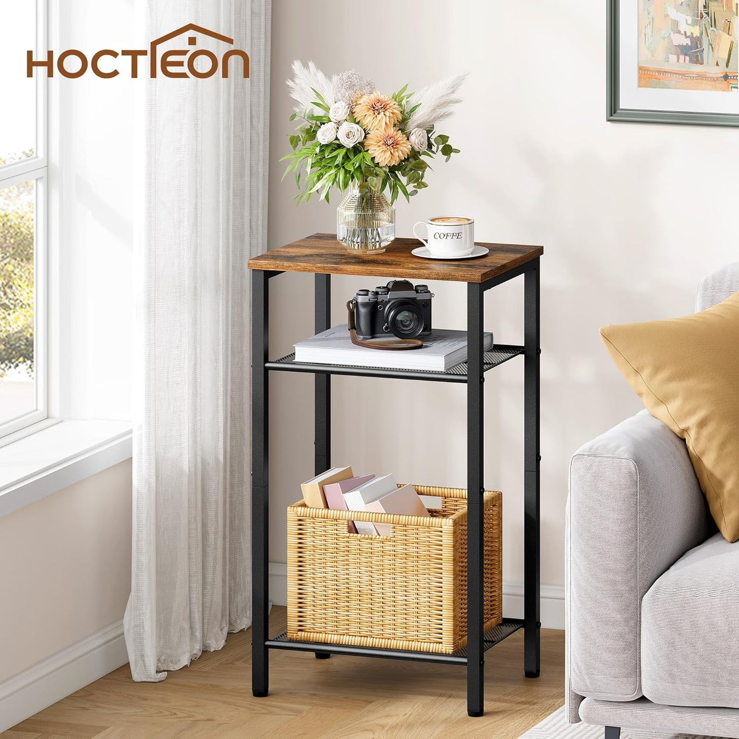 3 Tier End Table, Telephone Table, Narrow Side Table with Storage, Nightstand for Small Spaces, Metal Frame, for Living Room, Bedroom, Sofa Couch, Hall, Easy Assembly, Rustic Brown