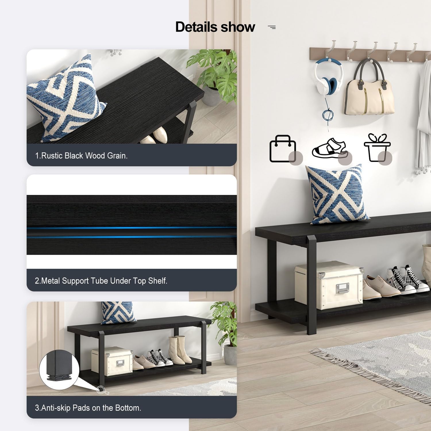 Entryway Bench, Modern Wood and Metal Storage Bench for Hallway, Industrial Indoor Shoe Rack Bench Seat for Living Room Bedroom, Black Oak 47 Inch Long