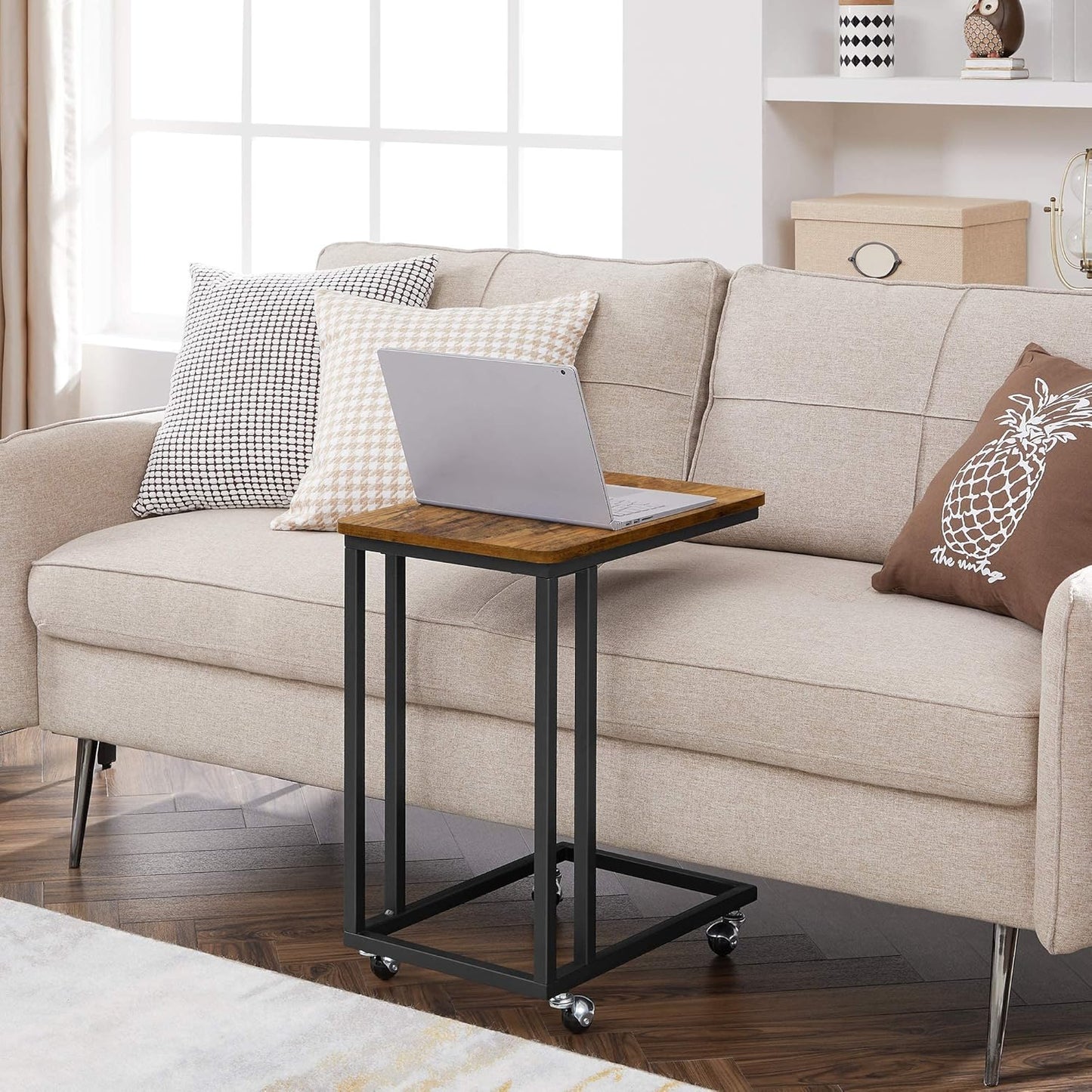 End Table, C Shaped TV Tray with Metal Frame Rolling Casters, Industrial Side Table for Living Room Bedroom, 19.7 X 13.8 X 23.6 Inches, Rustic Brown and Black
