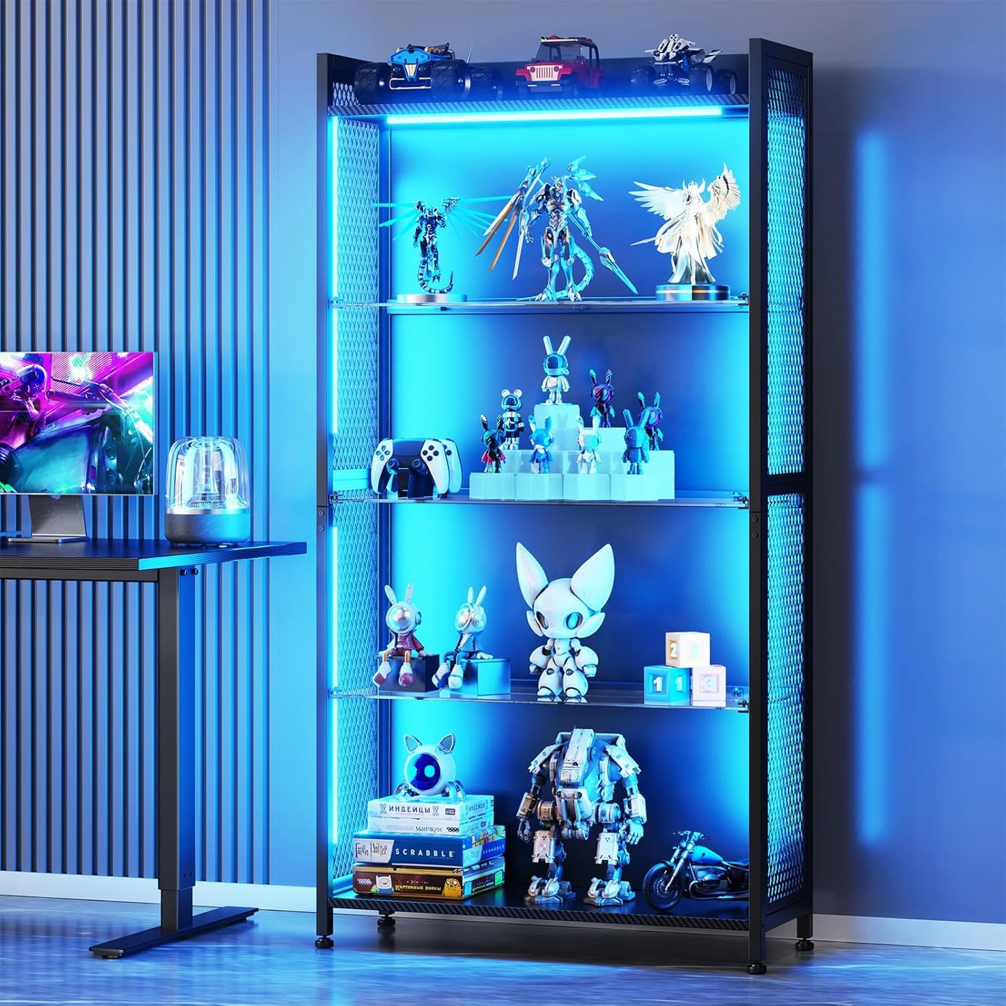 Display Case with LED Lights, Display Cabinet with Glass Storage Shelves and Industrial Metal Mesh, 4-Tier Display Shelf for Collectibles, Curio Cabinet with Open Shelf, Black