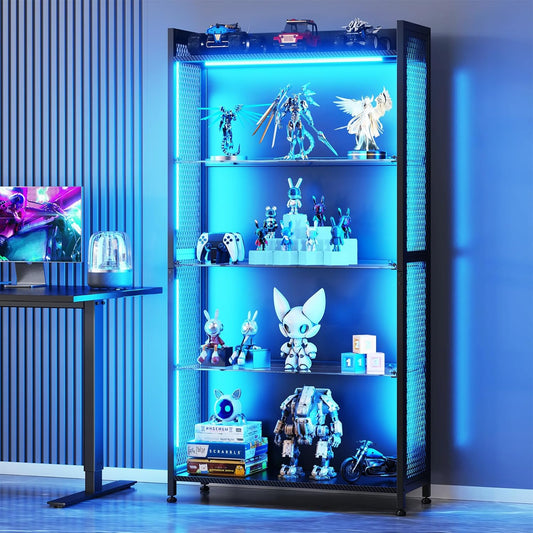 Display Case with LED Lights, Display Cabinet with Glass Storage Shelves and Industrial Metal Mesh, 4-Tier Display Shelf for Collectibles, Curio Cabinet with Open Shelf, Black