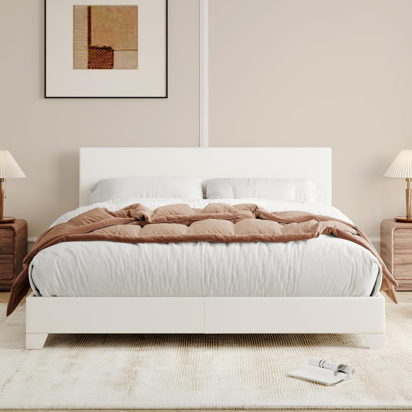 Full Size Bed Frame with Adjustable Headboard, Faux Leather Platform Bed with Wood Slats, Heavy Duty Mattress Foundation, No Box Spring Needed, Noise-Free, Easy Assembly, White