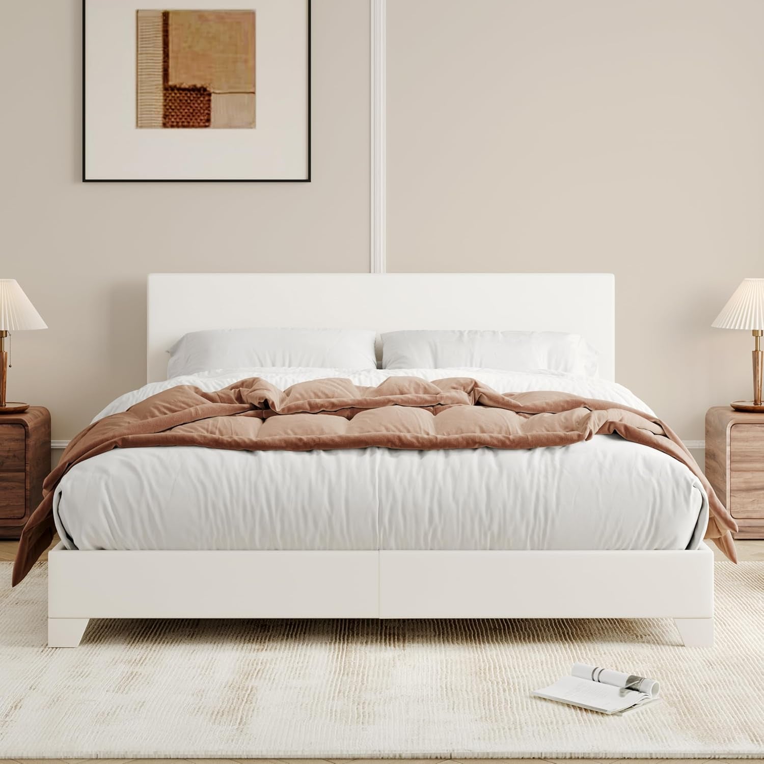 Full Size Bed Frame with Adjustable Headboard, Faux Leather Platform Bed with Wood Slats, Heavy Duty Mattress Foundation, No Box Spring Needed, Noise-Free, Easy Assembly, White