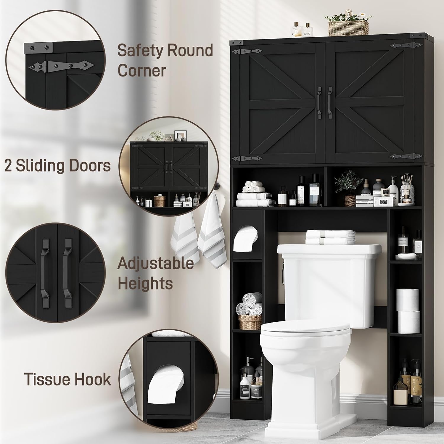 Over the Toilet Storage Cabinet, Farmhouse Storage Cabinet over Toilet with 2 Barn Doors ，Toilet Paper Holder Stand，Home Space-Saving Toilet Rack, for Laundry, Restroom, Bathroom.Black