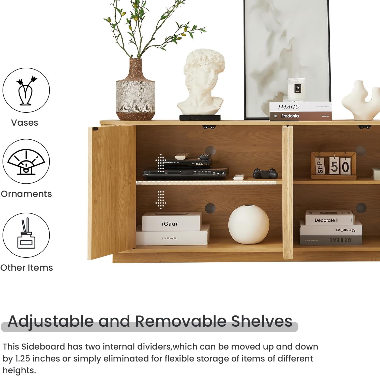 64" Sideboard Buffet Cabinet with Storage, Wooden Fluted Storage Cabinet Sideboard with Adjustable Shelves Pressed Spring for Kitchen Living Room (Natural Oak)